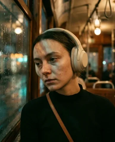 Cinematic Portrait — European Tram Solitude 3 — Nano Banana AI Prompt: Hyper-realistic cinematic close-up portrait inside a dimly lit vintage European...