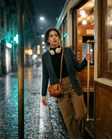 Cinematic Portrait — European Tram Solitude 6 — Nano Banana AI Prompt: Hyper-realistic cinematic shot of a person with distinctive features standing at...