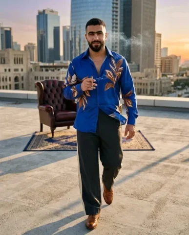 Fashion Editorial — Rooftop Throne 4 — Nano Banana AI Prompt: Highly stylized editorial photo of a broad-shouldered Arab man in his early 30s...