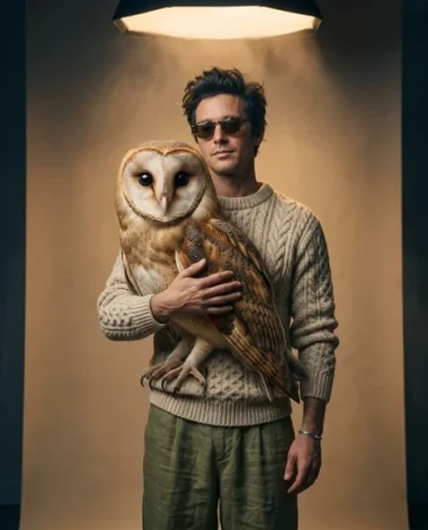 Surreal Fashion — Oversized Barn Owl 1 — Nano Banana AI Prompt: Hyper-realistic surreal fashion editorial portrait of a man with a tousled textu...