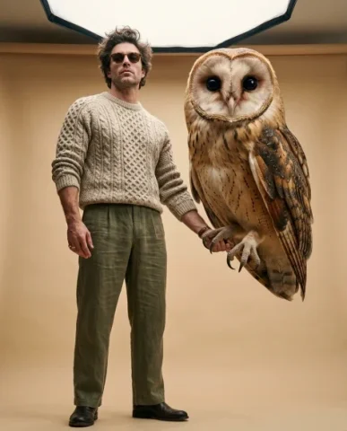 Surreal Fashion — Oversized Barn Owl 2 — Nano Banana AI Prompt: Hyper-realistic surreal fashion editorial portrait shot from a low camera angle...