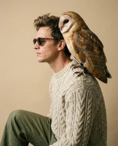 Surreal Fashion — Oversized Barn Owl 3 — Nano Banana AI Prompt: Hyper-realistic surreal fashion editorial portrait in profile view. A man with a...