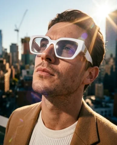 Fashion Campaign — Low-Angle Statement Glasses 1 — Nano Banana AI Prompt: Hyper-realistic fashion campaign portrait shot from a dramatically low camera an...