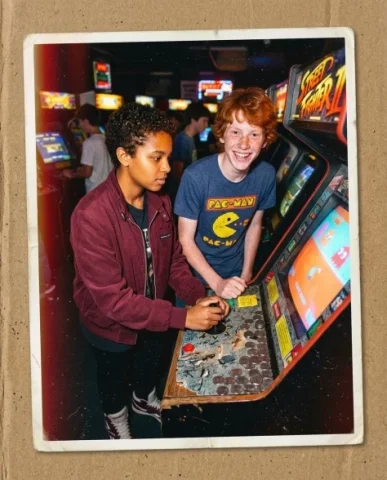 Nostalgic Flash — 80s Arcade Night 1 — Nano Banana AI Prompt: Two friends — a young person with short dark hair and warm brown skin, and a lan...
