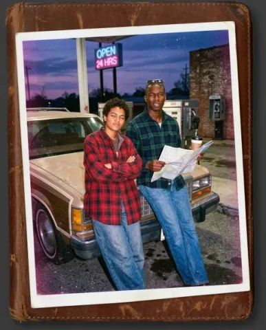 Nostalgic Flash — 90s Road Trip Pit Stop 1 — Nano Banana AI Prompt: Two friends — a young person with short dark hair and warm brown skin, and a tal...