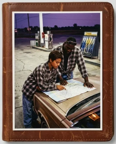 Nostalgic Flash — 90s Road Trip Pit Stop 2 — Nano Banana AI Prompt: Two friends — a young person with short dark hair and warm brown skin, and a tal...