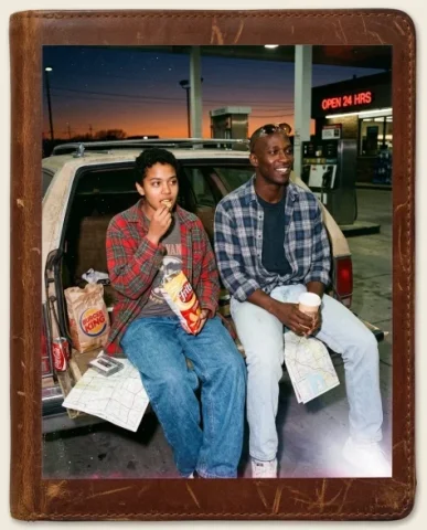 Nostalgic Flash — 90s Road Trip Pit Stop 5 — Nano Banana AI Prompt: Two friends at a gas station at dusk — a young person with short dark hair and w...