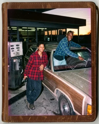 Nostalgic Flash — 90s Road Trip Pit Stop 6 — Nano Banana AI Prompt: Wide shot of th e dusty wood-paneled station wagon pulling away from the gas sta...
