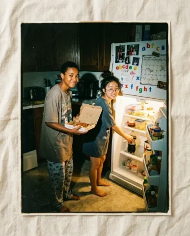 Nostalgic Flash — 2000s Sleepover / Movie Night 4 — Nano Banana AI Prompt: Two friends sitting cross-legged on sleeping bags facing each other with a board...