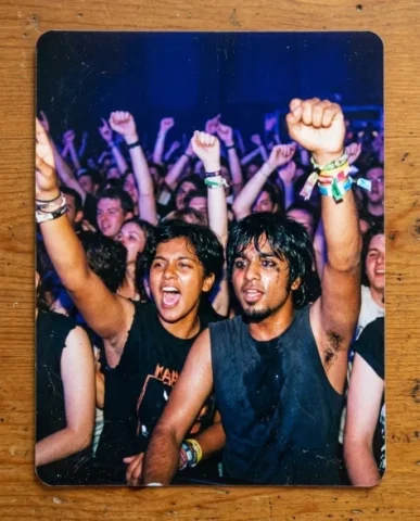 Nostalgic Flash — 2000s Concert / Music Festival 2 — Nano Banana AI Prompt: At a packed rock concert — a South Asian guy with shaggy black hair and a goatee...
