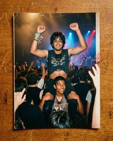 Nostalgic Flash — 2000s Concert / Music Festival 3 — Nano Banana AI Prompt: Two friends — a young person with short dark hair and warm brown skin, and a Sou...
