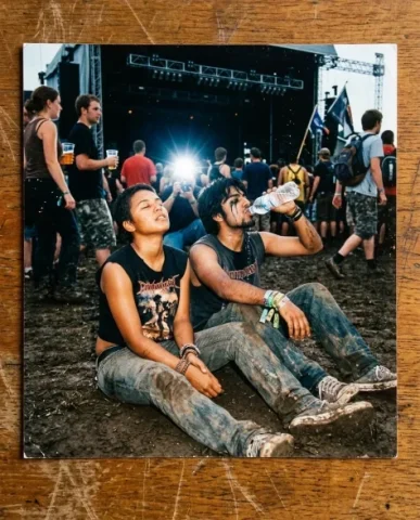 Nostalgic Flash — 2000s Concert / Music Festival 4 — Nano Banana AI Prompt: Close-up of two forearms and hands held up to the camera — a young person with s...
