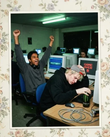 Nostalgic Flash — Late 90s Internet Café 2 — Nano Banana AI Prompt: Two friends leaning back in worn office swivel chairs at an internet café — a yo...