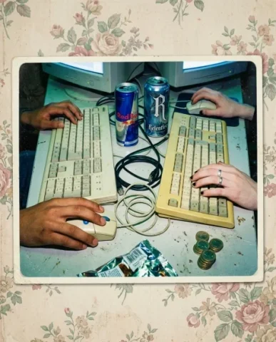 Nostalgic Flash — Late 90s Internet Café 4 — Nano Banana AI Prompt: Two friends in an animated debate at an internet café — a young person with shor...