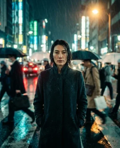 Frozen in Motion — Rainy City Night 1 — Nano Banana AI Prompt: Cinematic low-angle shot from near pavement level of a person with distinctive f...