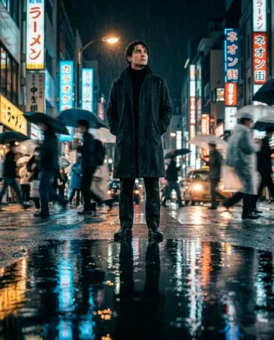 Frozen in Motion — Rainy City Night 2 — Nano Banana AI Prompt: Cinematic profile portrait of a person with distinctive features standing perfec...