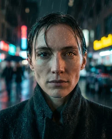 Frozen in Motion — Rainy City Night 4 — Nano Banana AI Prompt: Cinematic wide shot of an entire rain-soaked city intersection at night, neon si...