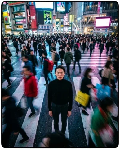 Frozen in Motion — Tokyo Crossing 1 — Nano Banana AI Prompt: Cinematic eye-level frontal shot of a person with distinctive features standing...