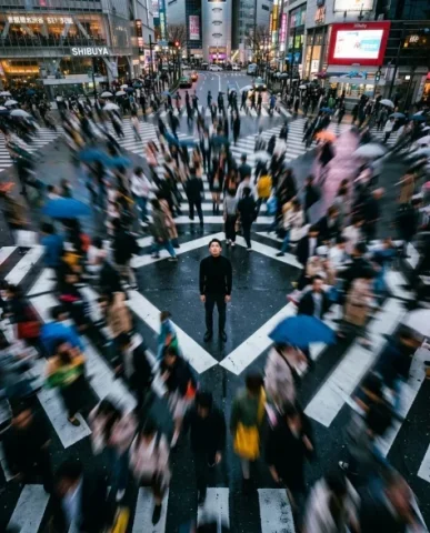 Frozen in Motion — Tokyo Crossing 4 — Nano Banana AI Prompt: Cinematic three-quarter back shot of a person with distinctive features at a mas...
