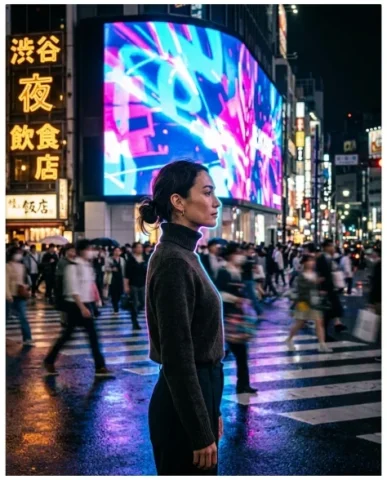Frozen in Motion — Tokyo Crossing 7 — Nano Banana AI Prompt: Cinematic top-down slightly tilted shot of me standing dead-center in a massive...