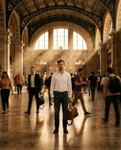 Frozen in Motion — Grand Central Station 1 — Nano Banana AI Prompt: Cinematic close-up portrait of a person with distinctive features standing in a...