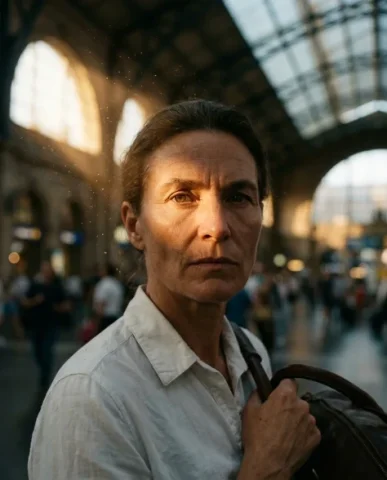 Frozen in Motion — Grand Central Station 2 — Nano Banana AI Prompt: They look upward toward the camera with quiet resolve. Commuters flow around the...