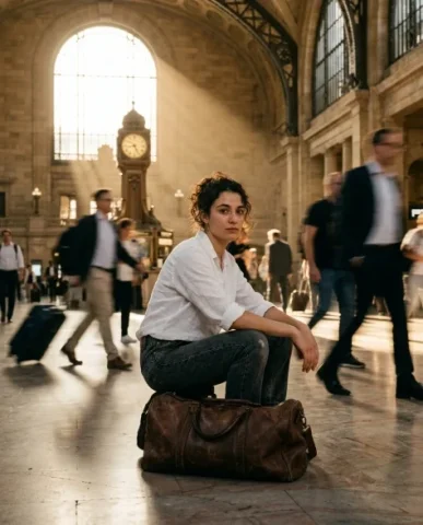 Frozen in Motion — Grand Central Station 4 — Nano Banana AI Prompt: Cinematic shot of a person with distinctive features walking toward the camera t...