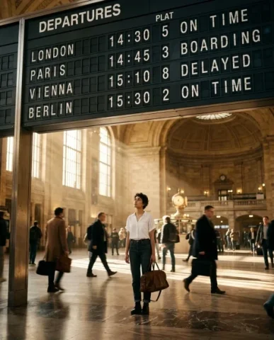 Frozen in Motion — Grand Central Station 6 — Nano Banana AI Prompt: Cinematic shot from behind of a person with distinctive features walking away fr...