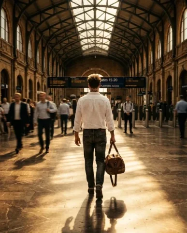 Frozen in Motion — Grand Central Station 7 — Nano Banana AI Prompt: Cinematic wide shot of me standing motionless in the center of a grand train sta...