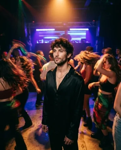 Frozen in Motion — Dance Floor 2 — Nano Banana AI Prompt: Cinematic overhead shot looking down at a person with distinctive features stand...