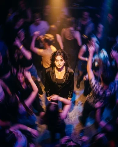 Frozen in Motion — Dance Floor 3 — Nano Banana AI Prompt: Cinematic close-up portrait of a person with distinctive features on a nightclub...
