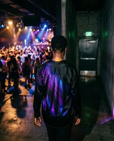 Frozen in Motion — Dance Floor 7 — Nano Banana AI Prompt: Cinematic shot from behind of a person with distinctive features walking away fr...