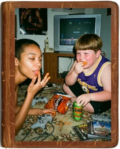 Gaming Buddies — PS1 Era, 1999 6 — Nano Banana AI Prompt: Two friends passed out asleep in the carpeted bedroom — a chubby white kid with...