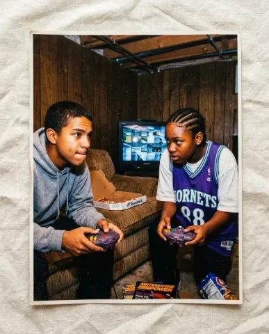 Gaming with [Character] — N64 Era, 1997 2 — Nano Banana AI Prompt: In a wood-paneled basement den — a Black girl with tight cornrow braids and smal...