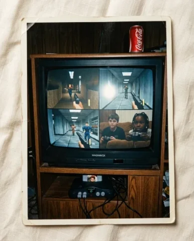 Gaming with [Character] — N64 Era, 1997 5 — Nano Banana AI Prompt: Two friends — a young person with short dark hair and warm brown skin sitting on...