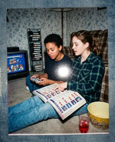 Gaming with [Character] — SNES Era, 1994 6 — Nano Banana AI Prompt: Wide shot of a mid-90s living room — the full scene revealed. Two friends small...