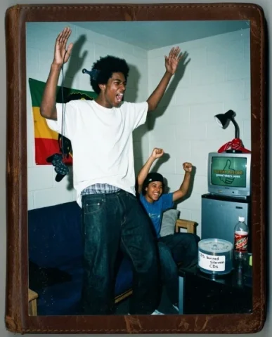 Gaming Buddies — PS2 Era, 2004 3 — Nano Banana AI Prompt: Two friends on the low futon in a college dorm room — a young person with short...