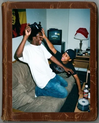 Gaming Buddies — PS2 Era, 2004 6 — Nano Banana AI Prompt: Two friends passed out asleep on the low futon in a college dorm room — a young...
