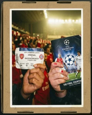 Stadium — Champions League Night, 2005 6 — Nano Banana AI Prompt: Close-up of two hands holding up match-day items to the camera — a young person...