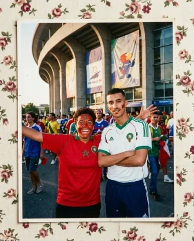 Stadium — World Cup, 1998 4 — Nano Banana AI Prompt: Shot from behind a slim North African man with a short dark fade, thin gold chai...