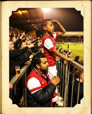Stadium — Local Derby, Friday Night, 2012 2 — Nano Banana AI Prompt: Two friends — a young person with short dark hair and warm brown skin, and a sto...