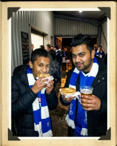 Stadium — Local Derby, Friday Night, 2012 4 — Nano Banana AI Prompt: Two friends — a youn g person with short dark hair and warm brown skin, and a st...