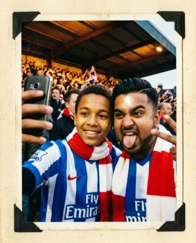 Stadium — Local Derby, Friday Night, 2012 6 — Nano Banana AI Prompt: Two friends — a young person with short dark hair and warm brown skin, and a sto...
