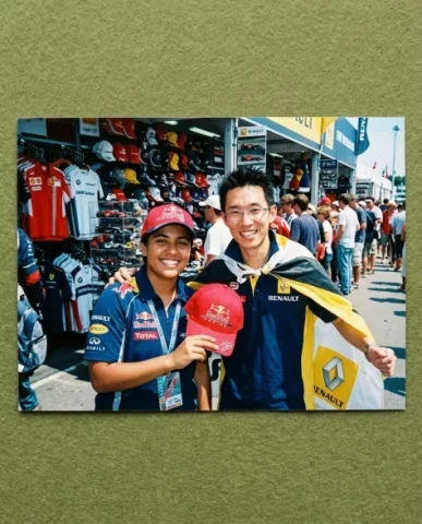 Pit Lane — F1 Race, 2008 4 — Nano Banana AI Prompt: Two friends in the F1 grandstand — a lean East Asian man with spiky black hair a...