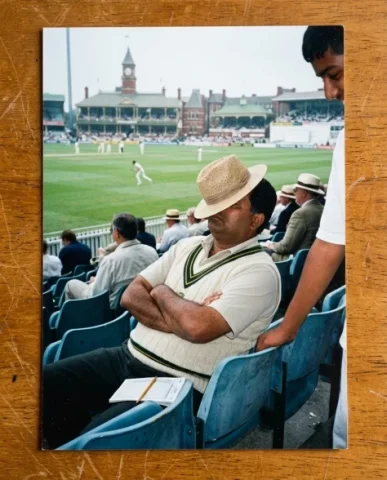 Cricket Ground — Test Match, 2001 6 — Nano Banana AI Prompt: Two friends walking along the boundary rope at the end of day's play at the test...