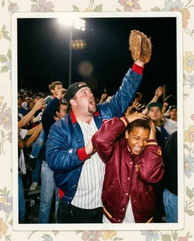 Baseball Stadium — Night Game, 1995 2 — Nano Banana AI Prompt: Seventh-inning stretch at a classic American ballpark — a heavyset white guy wit...