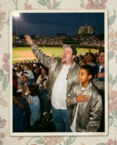 Baseball Stadium — Night Game, 1995 3 — Nano Banana AI Prompt: Two friends eating in the outfield bleachers at a night game — a young person wi...