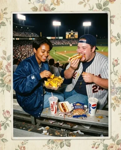 Baseball Stadium — Night Game, 1995 4 — Nano Banana AI Prompt: Shot from behind two friends in the outfield bleachers looking at the scoreboard...