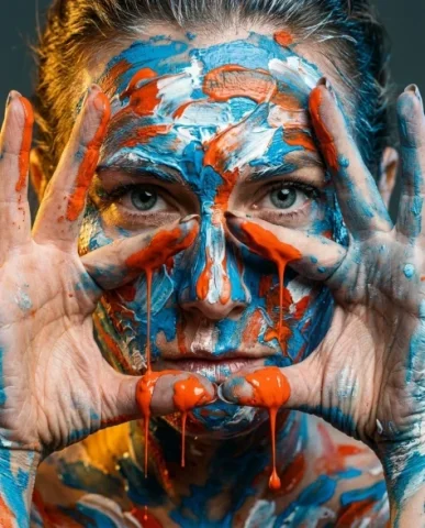 Impasto Acrylic Face Canvas — Macro Editorial Portrait 5 — Nano Banana AI Prompt: The paint extends from her face down her wrists and fingers, thick globs of wet...