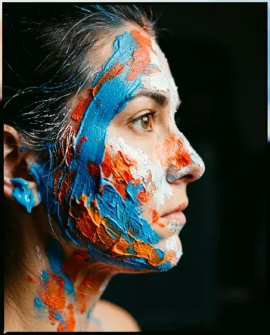 Impasto Acrylic Face Canvas — Macro Editorial Portrait 6 — Nano Banana AI Prompt: The profile reveals the paint's three-dimensional topography in dramatic relief...
